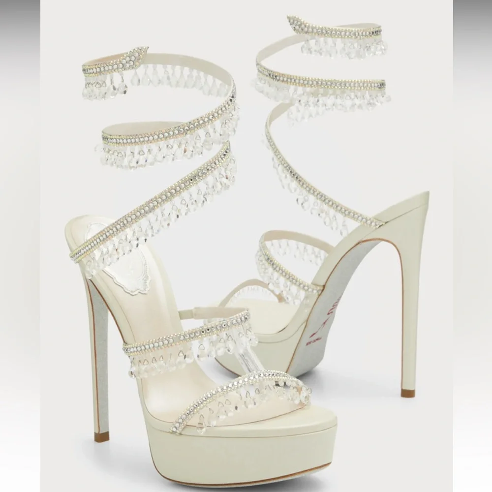Rene Caovilla Chandelier Snake Beaded Crystal Wrap Stiletto platform heels 36.5